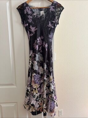 NWT - Barcelino San Francisco Black Maxi Dress with Purple/Cream Floral Print